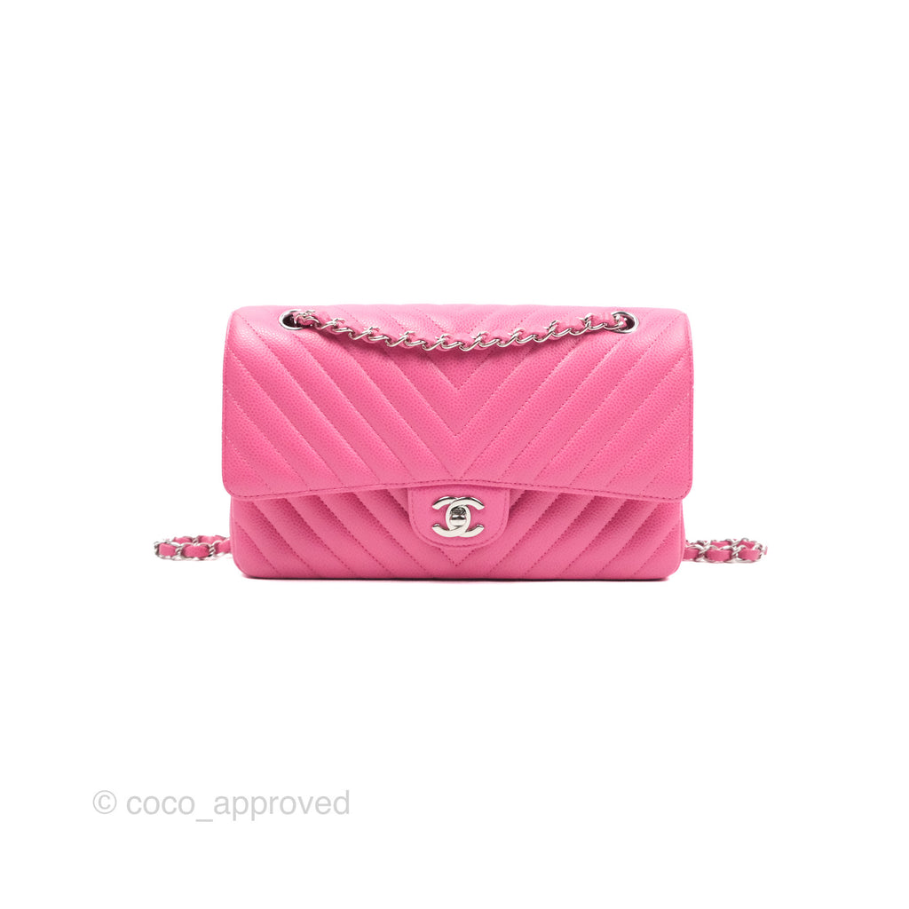 Chanel Medium Classic Flap Chevron Pink Caviar Silver Hardware