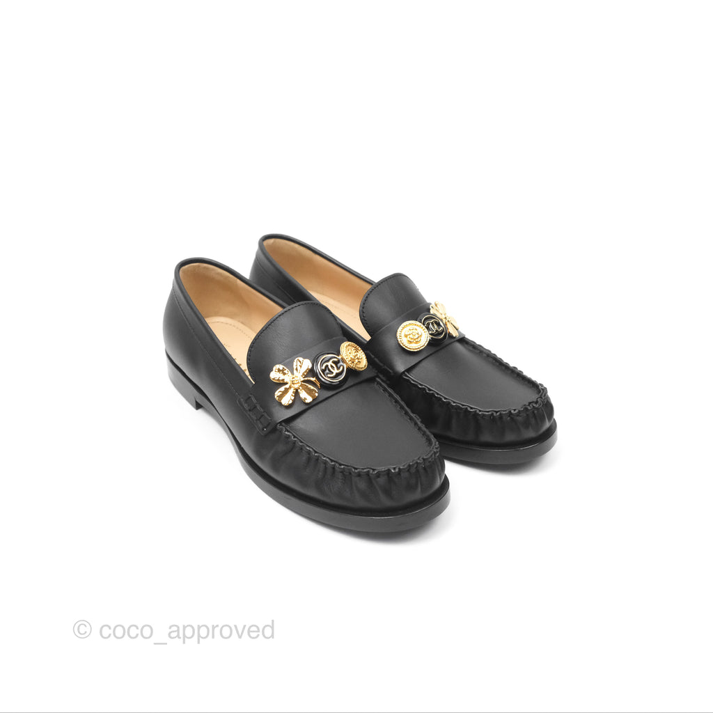 Chanel Loafers Black Leather CC Clover Camellia 23S Size 37C