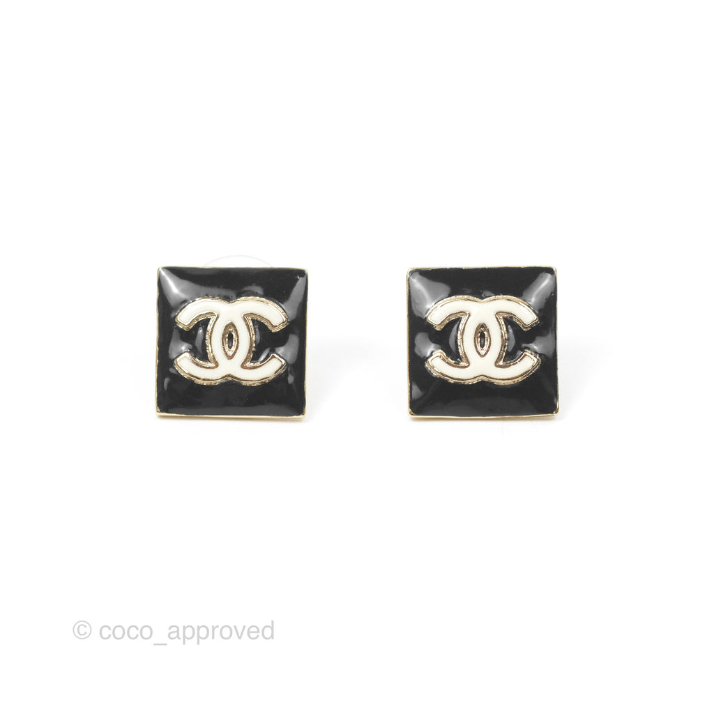 Chanel CC Square Earrings Black/ White Gold Tone 22A