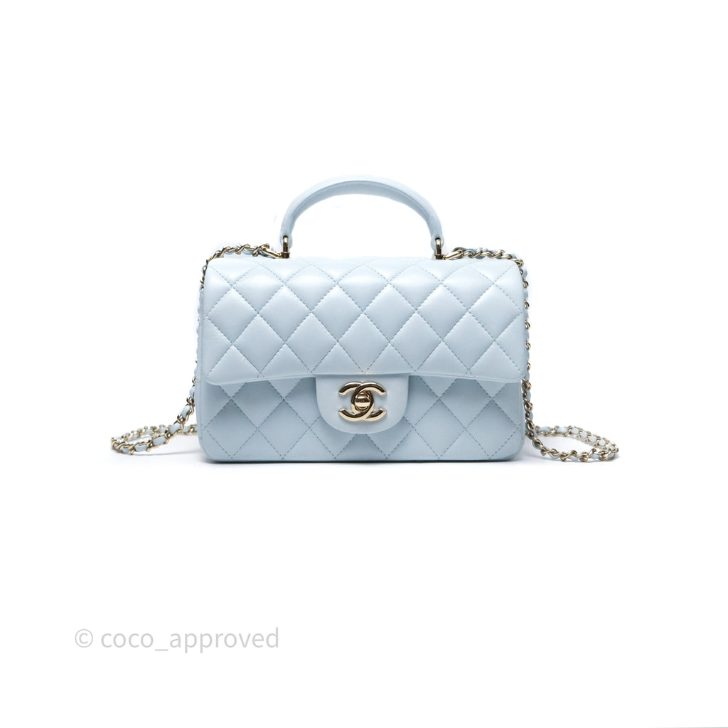 Chanel Top Handle Mini Rectangular Flap Light Blue Lambskin Gold Hardware