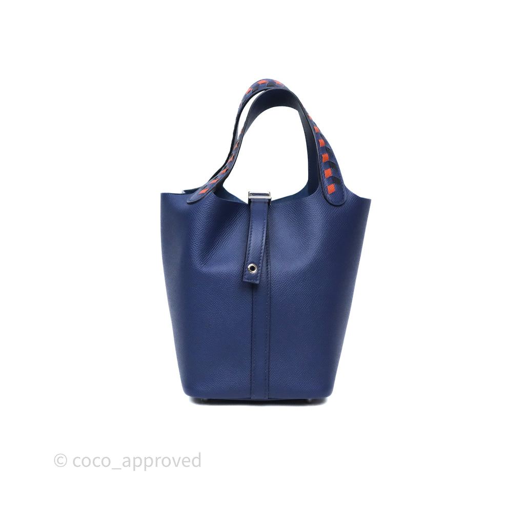 Hermès Tressage De Cuir Picotin Lock 18 Bleu Encre/Brique/Black Epsom