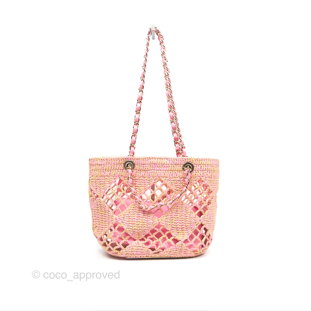 Chanel Coco Beach Bag Raffia Effect Braided Pink Beige Gold Hardware 24A