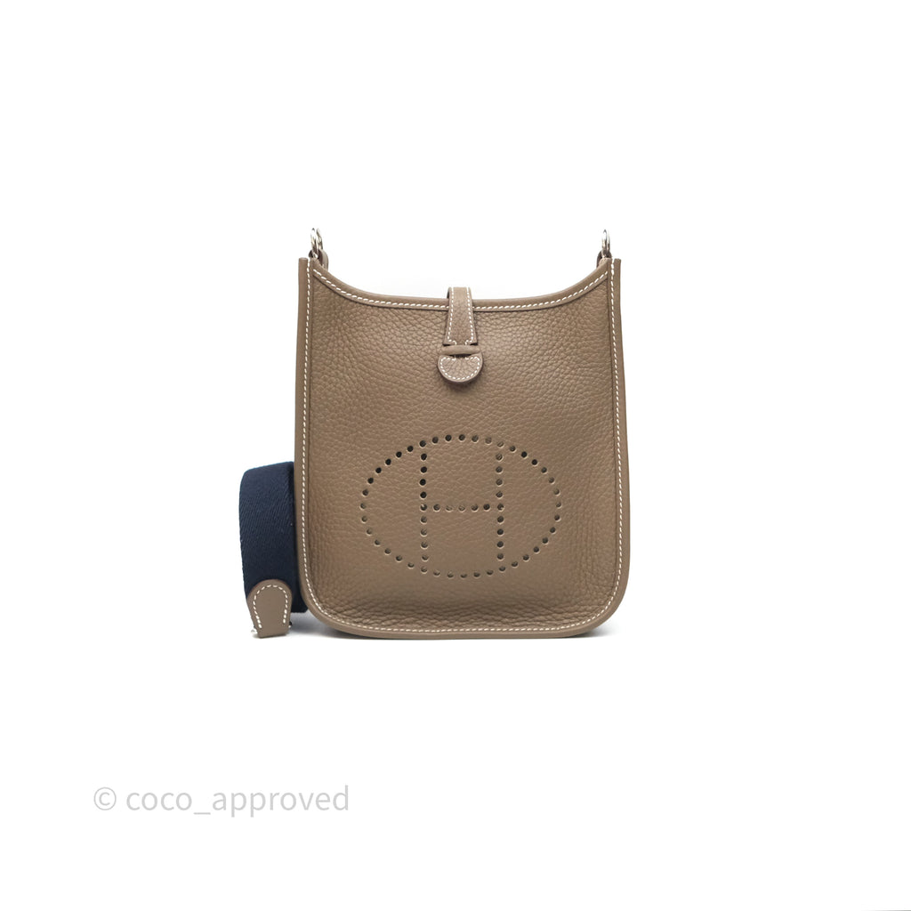 Hermès Mini Evelyne 16 Etoupe 18 Clemence Palladium Hardware with Bleu Indigo Strap