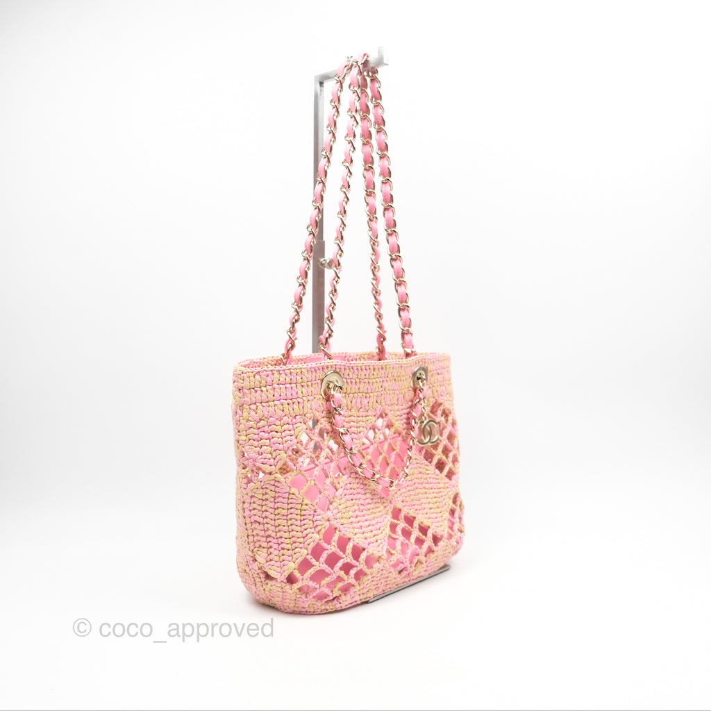 Chanel Coco Beach Bag Raffia Effect Braided Pink Beige Gold Hardware 24A