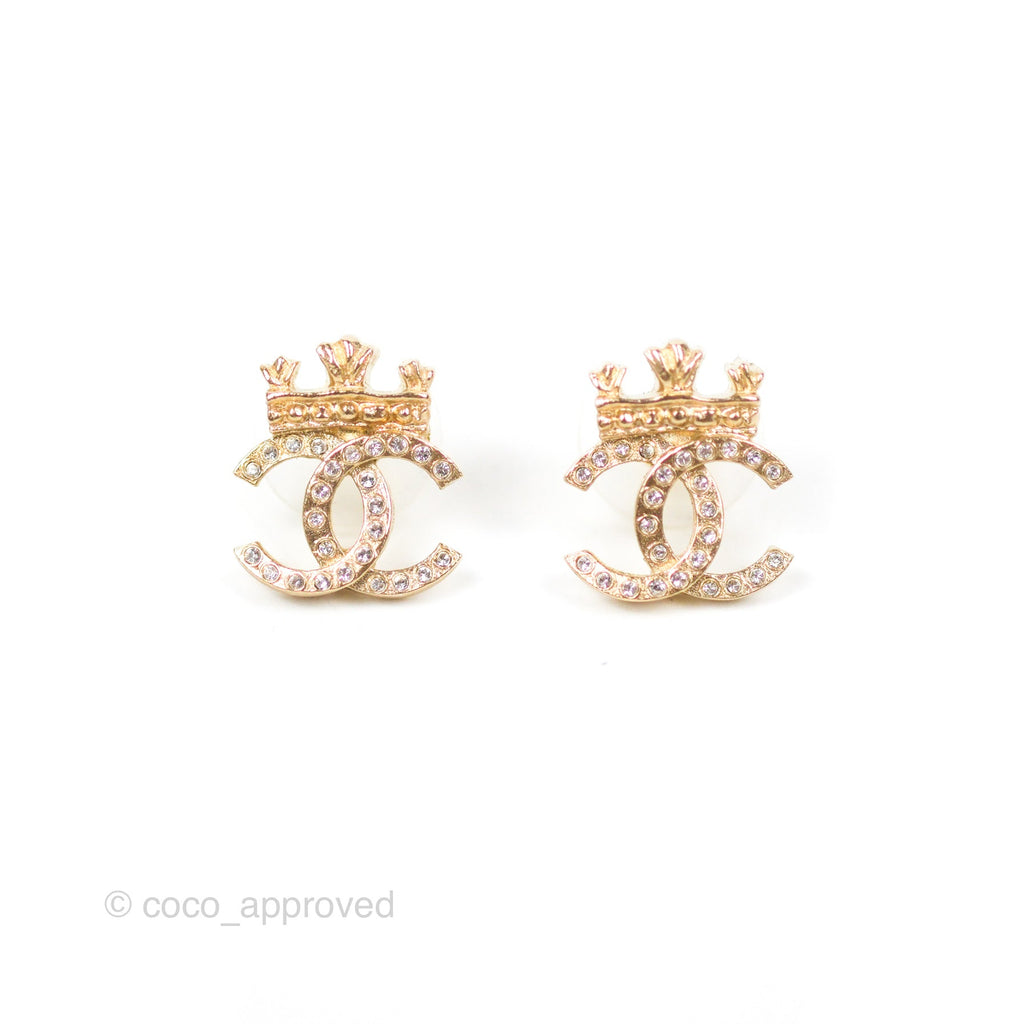 Chanel Crystal CC Crown Earrings Gold Tone 21A