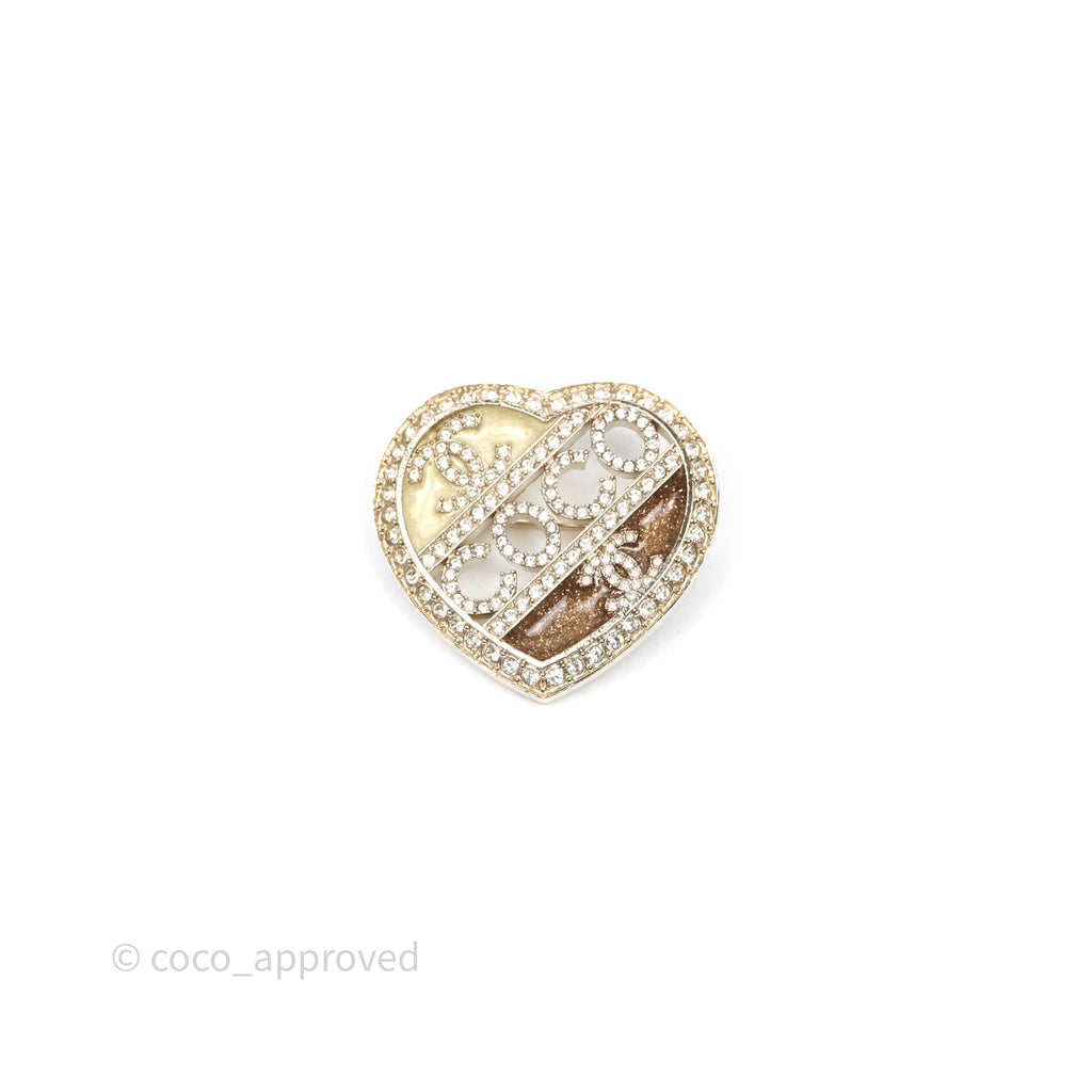 Chanel Coco Logo Crystals Heart Brooch Gold Tone 23B