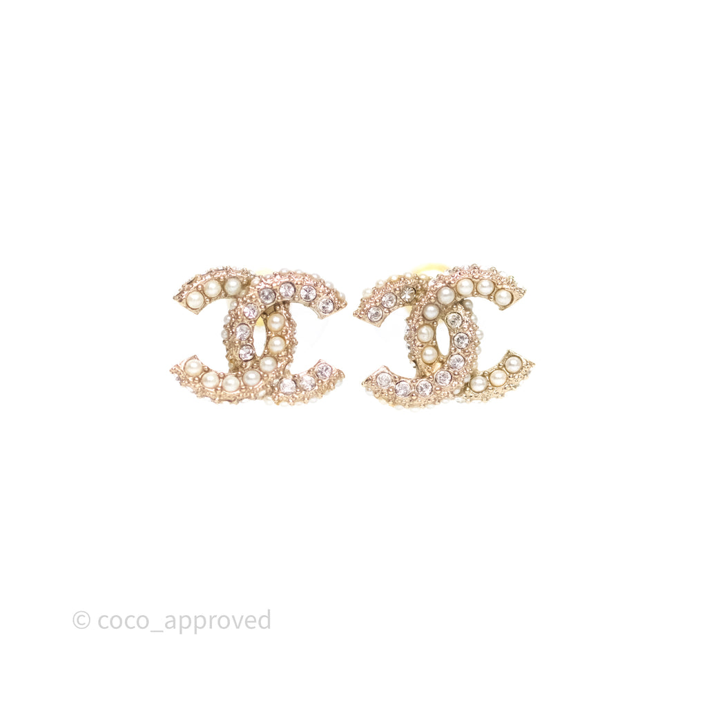 Chanel Crystal Pearl CC Earrings Gold Tone 22B