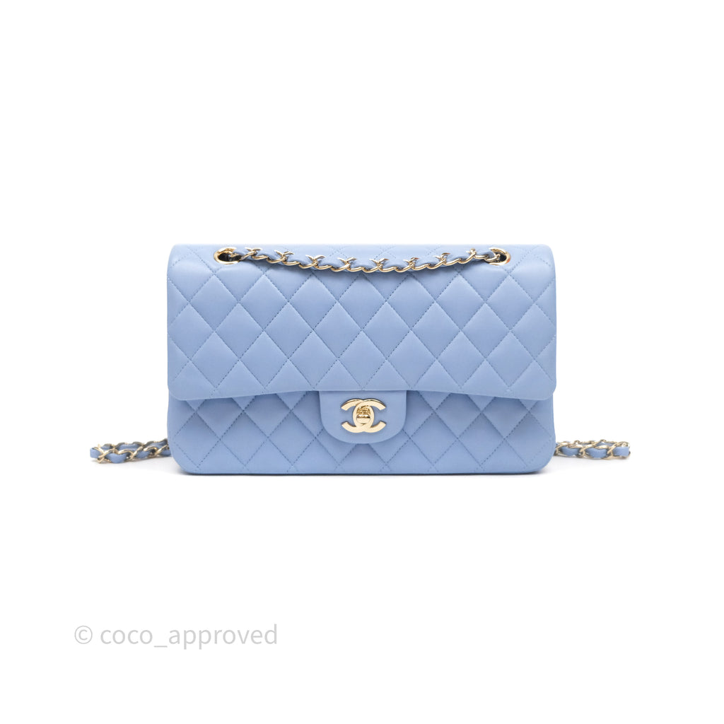 Chanel Classic M/L Medium Flap Quilted Sky Blue Lambskin Gold Hardware