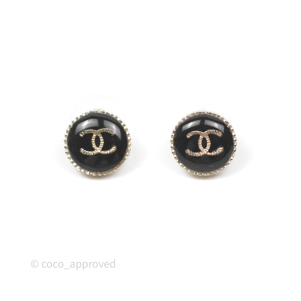 Chanel Round Black CC Earrings Gold Tone 18V