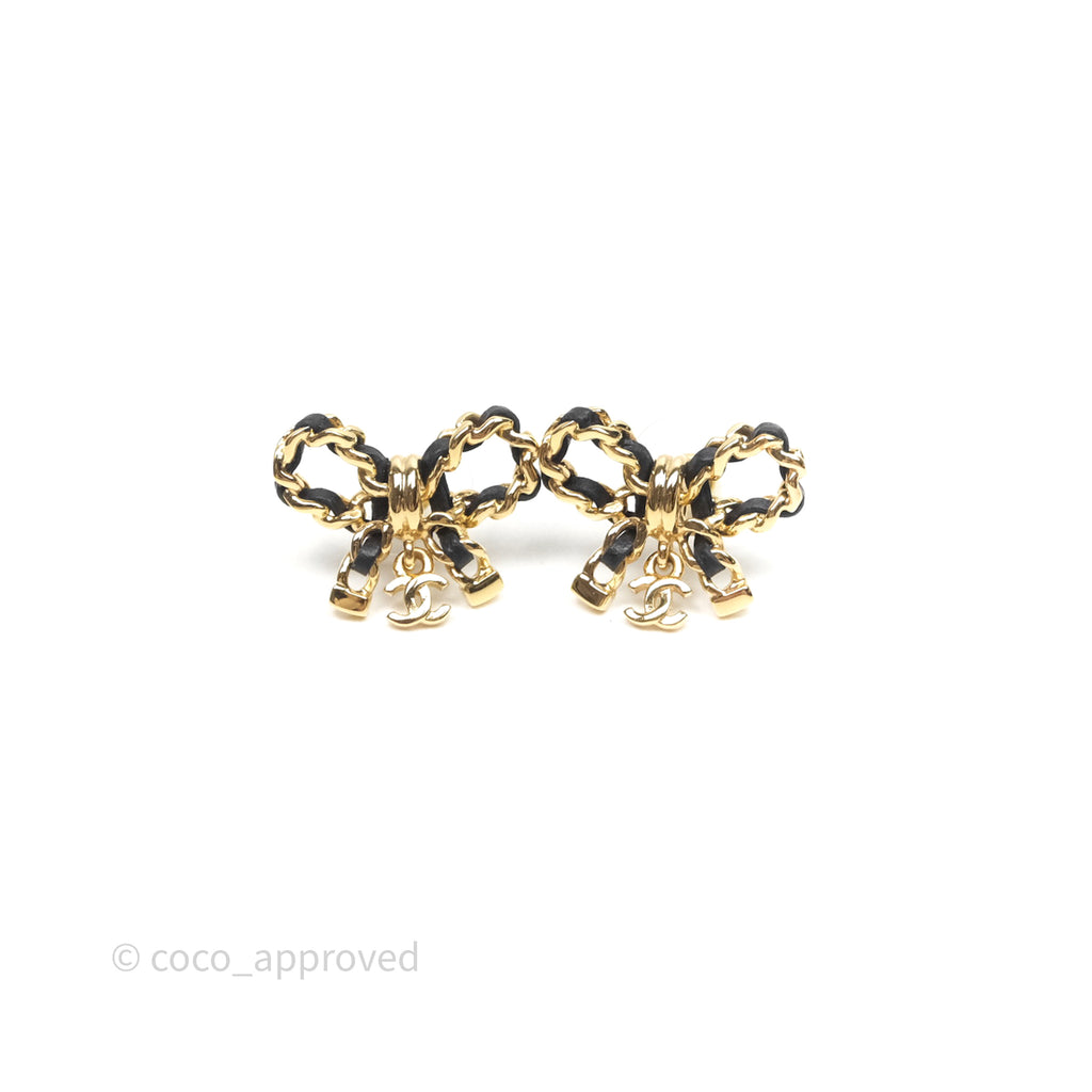 Chanel Lambskin Chain Bow Earrings Black Gold 25V