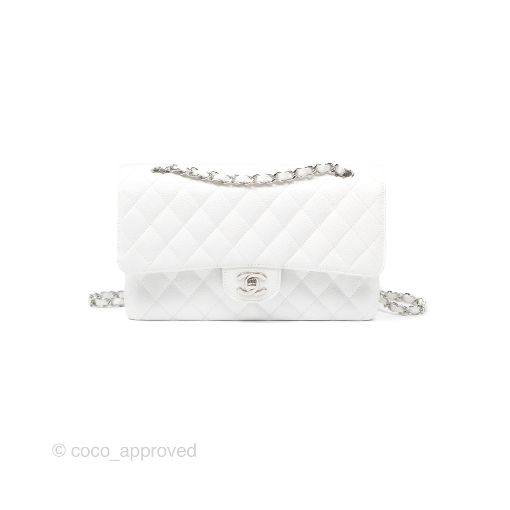 Chanel Classic M/L Medium Flap Quilted White Caviar Silver Hardware