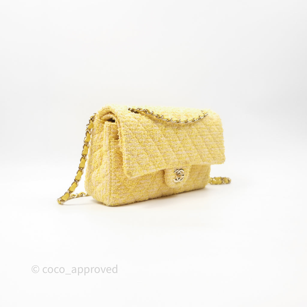 Chanel Classic M/L Medium Flap Quilted Yellow Tweed Gold Hardware