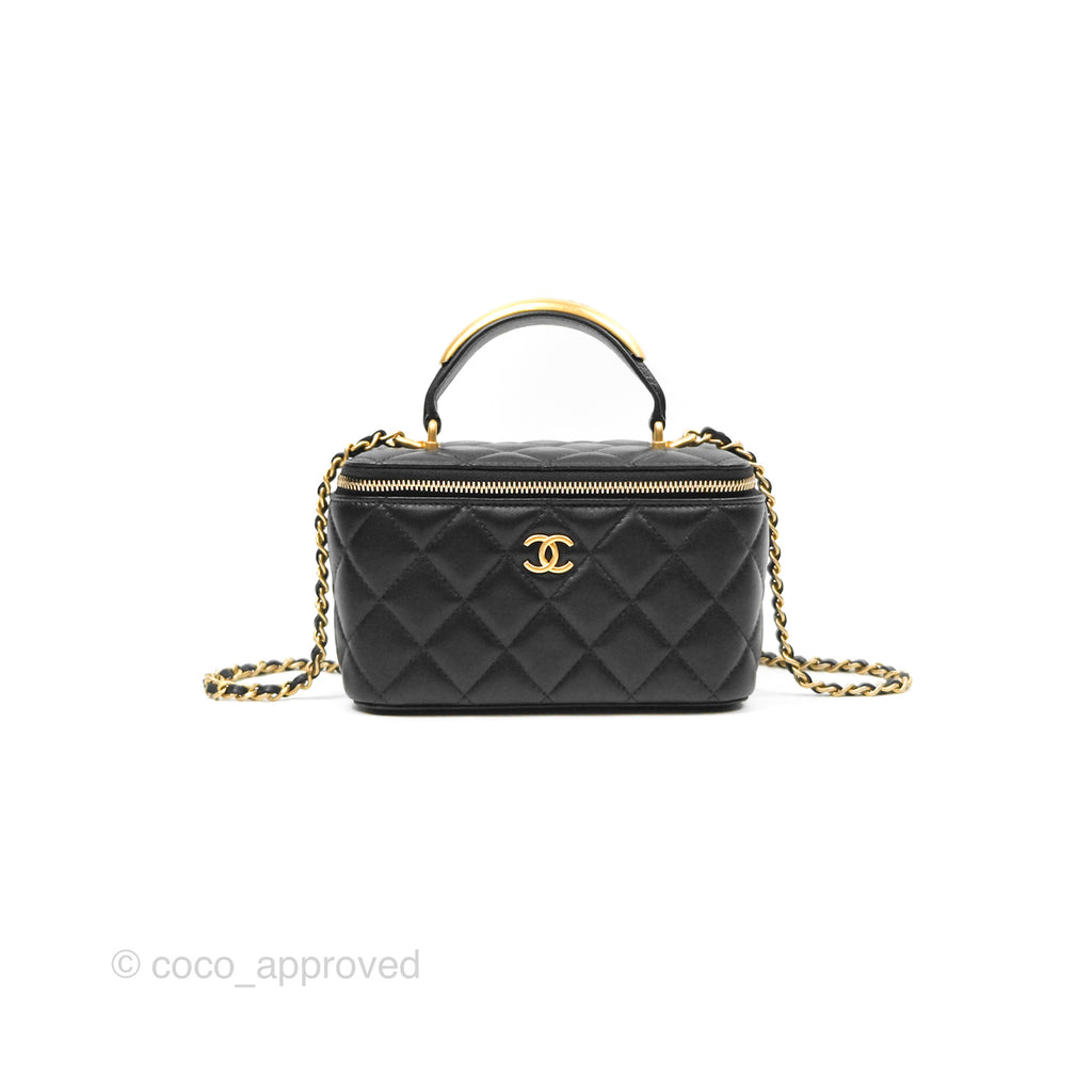 Chanel Vanity Rectangular Metal Top Handle Black Lambskin Aged Gold Hardware 22B