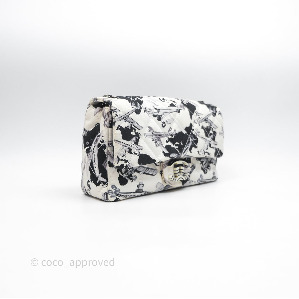 Chanel Quilted Airplane Printed Shoulder Flap Bag Canvas White