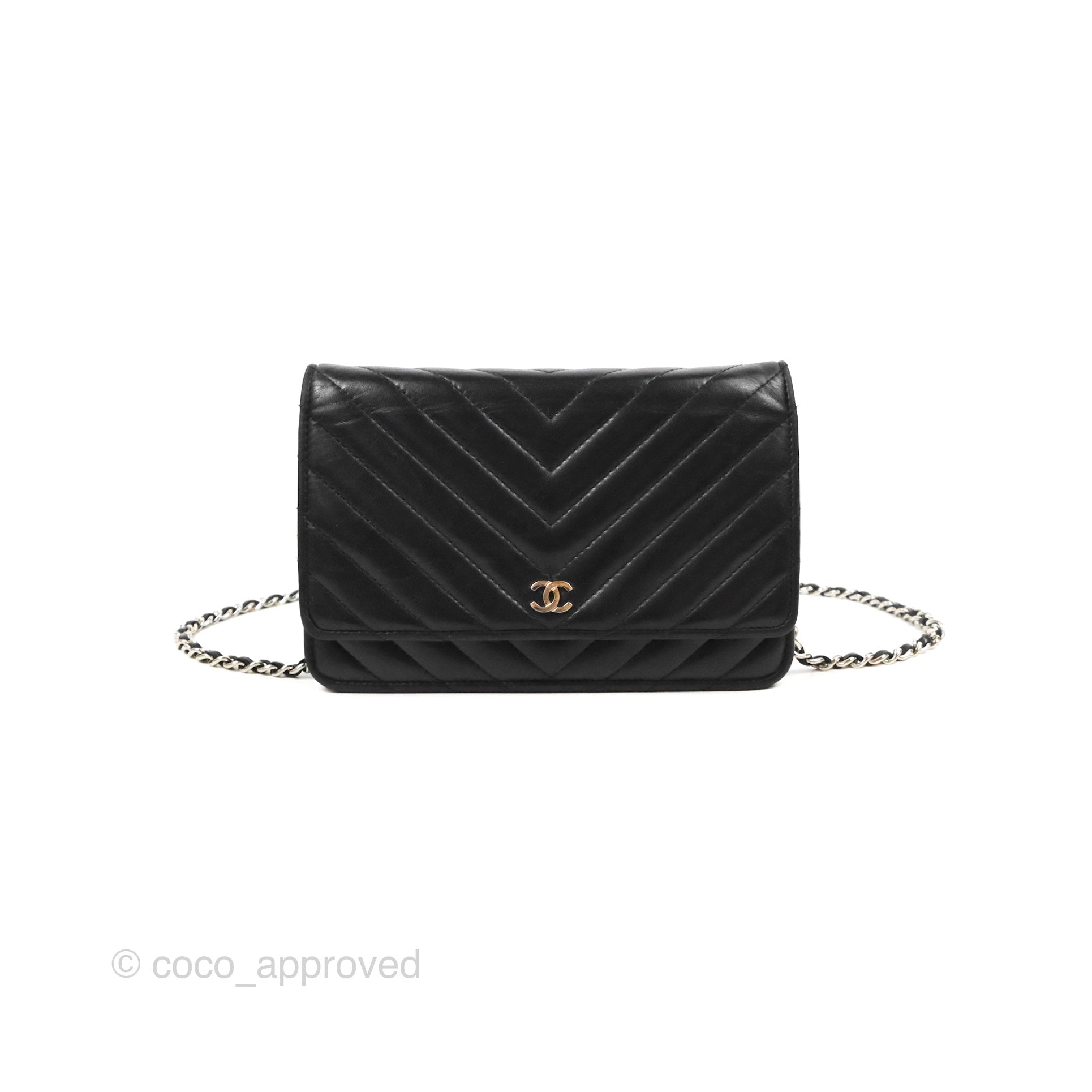 Chanel Classic Chevron Wallet on Chain WOC Black Lambskin Silver Hardw –  Coco Approved Studio