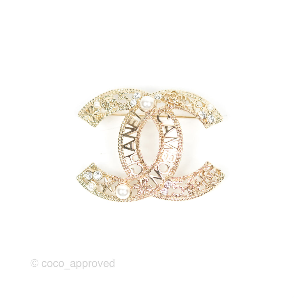 Chanel CC No5 Camellia Crystal Pearl Brooch Gold Tone 20C – Coco