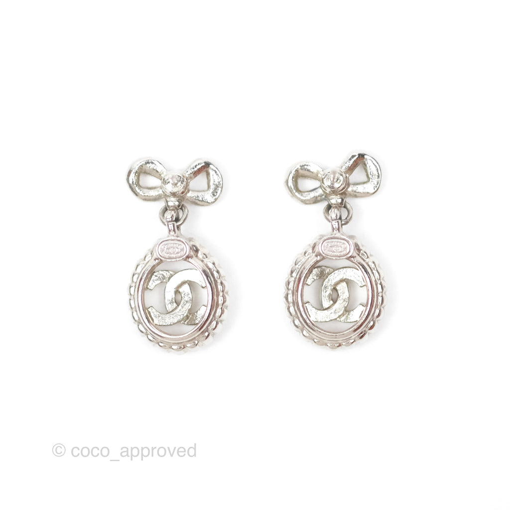 Chanel Crystal CC Bow Knot Drop Earrings Silver Tone 22B