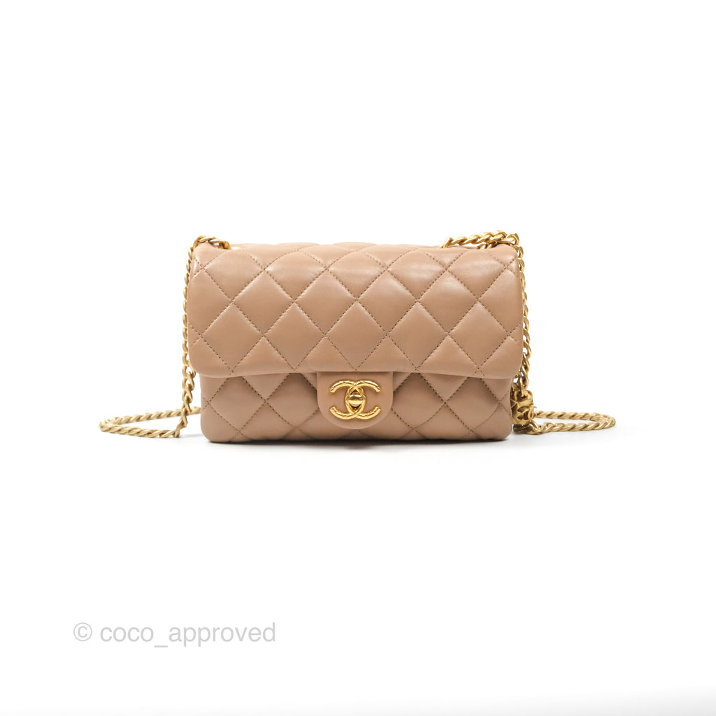 Chanel Small All Slide Adjustable Chain Flap Bag Beige Lambskin Aged Gold Hardware