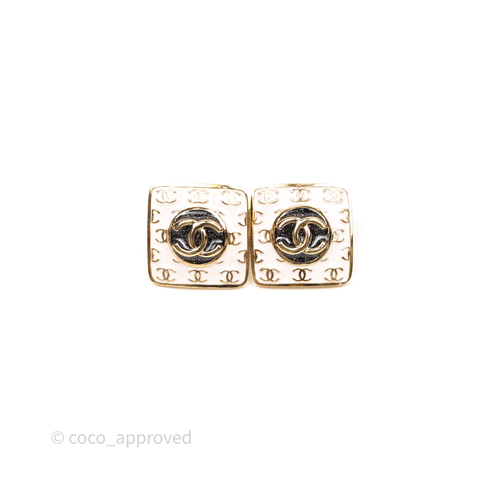 Chanel CC White Resin Square Earrings Gold Tone 24C