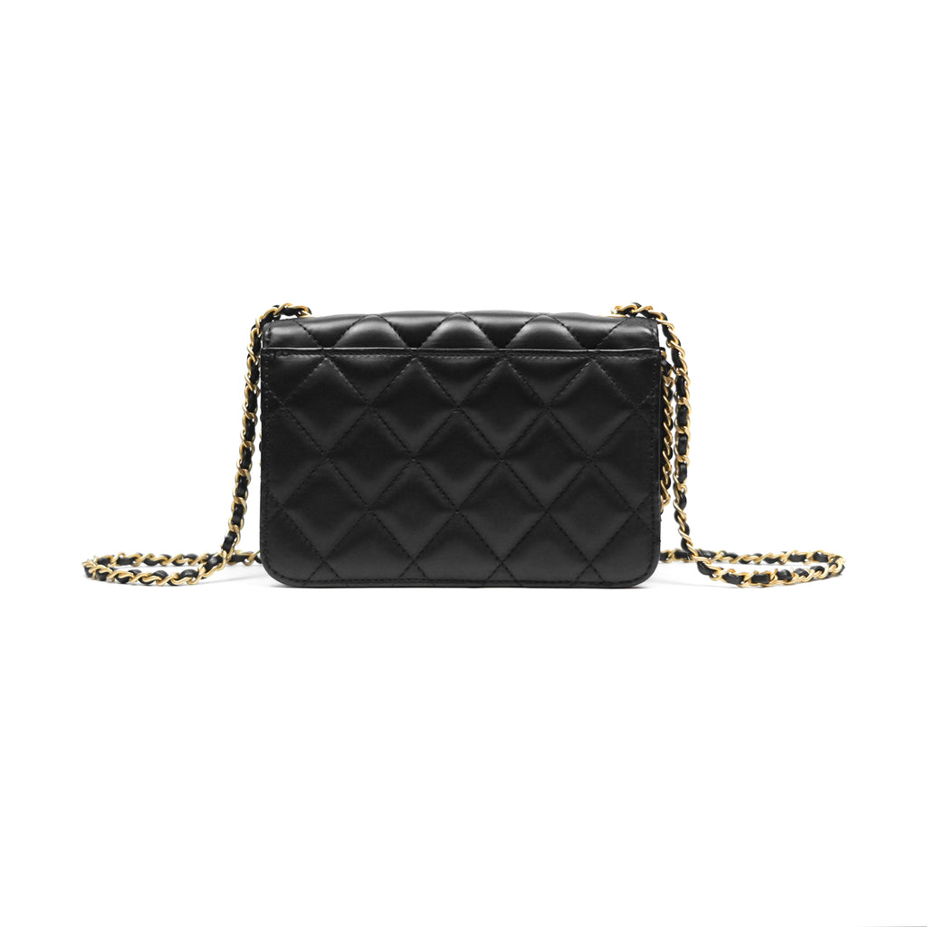 Chanel Quilted Side Chain Flap Bag Black Calfskin Aged Gold Hardware