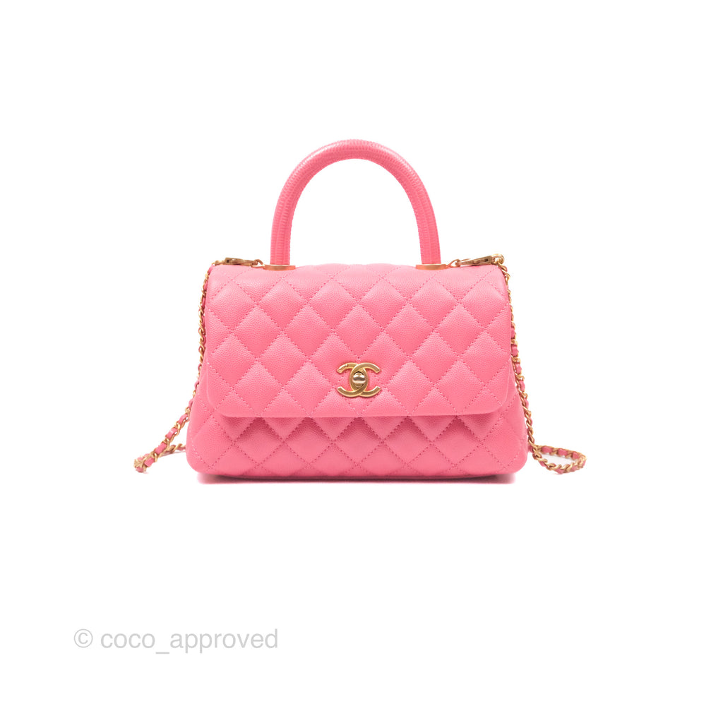 Chanel Small Coco Handle Quilted Pink Caviar Aged Gold Hardware Lizard Handle