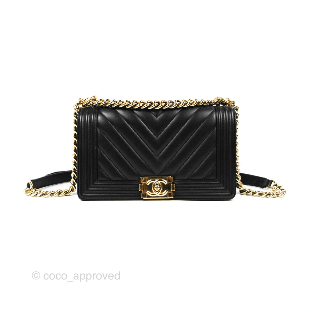 Chanel Medium Boy Chevron Black Calfskin Gold Hardware