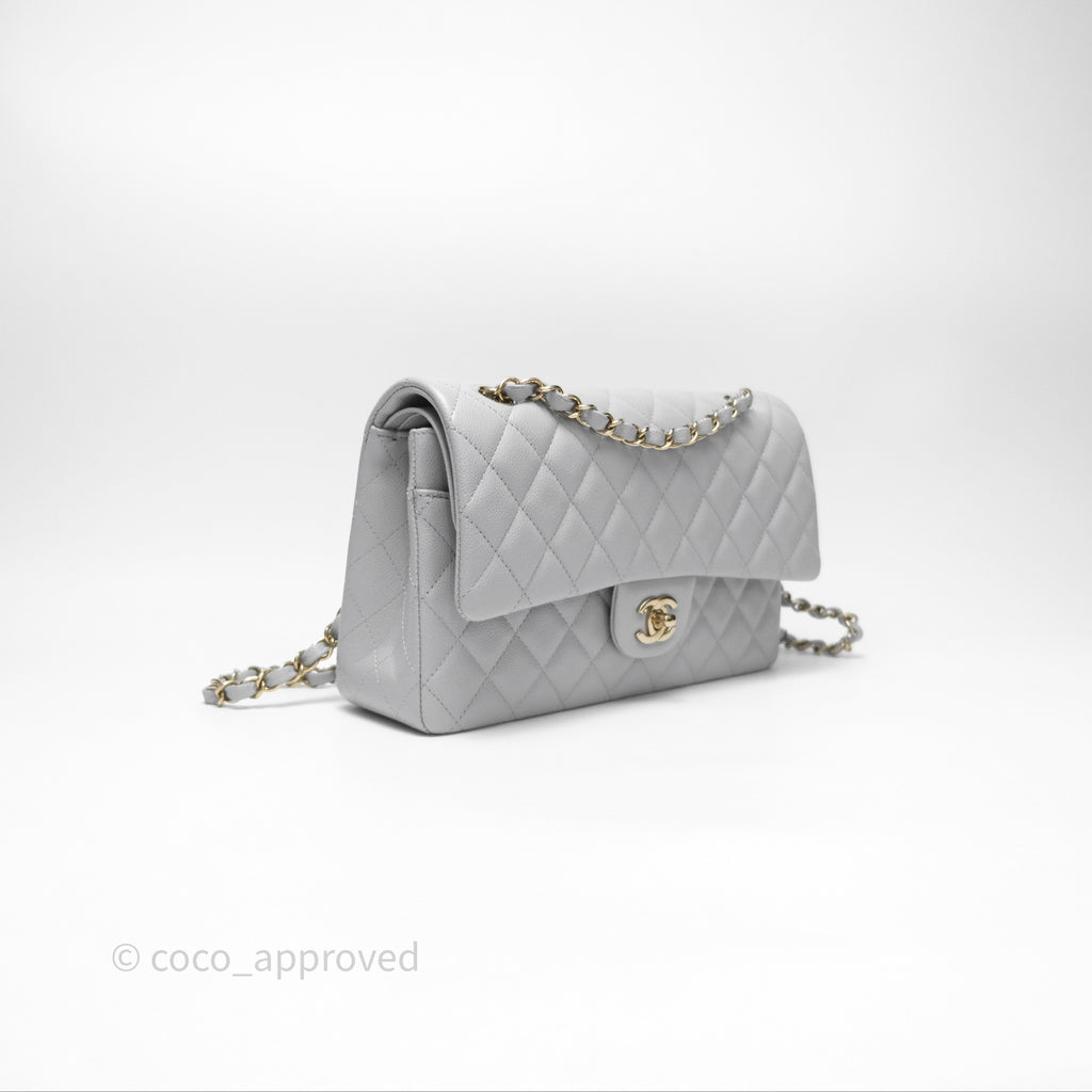 Chanel M/L Medium Classic Flap Quilted Grey Caviar Gold Hardware