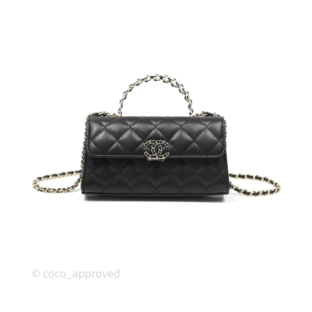 Chanel Top Handle Clutch with Chain Black Caviar Light Gold Hardware