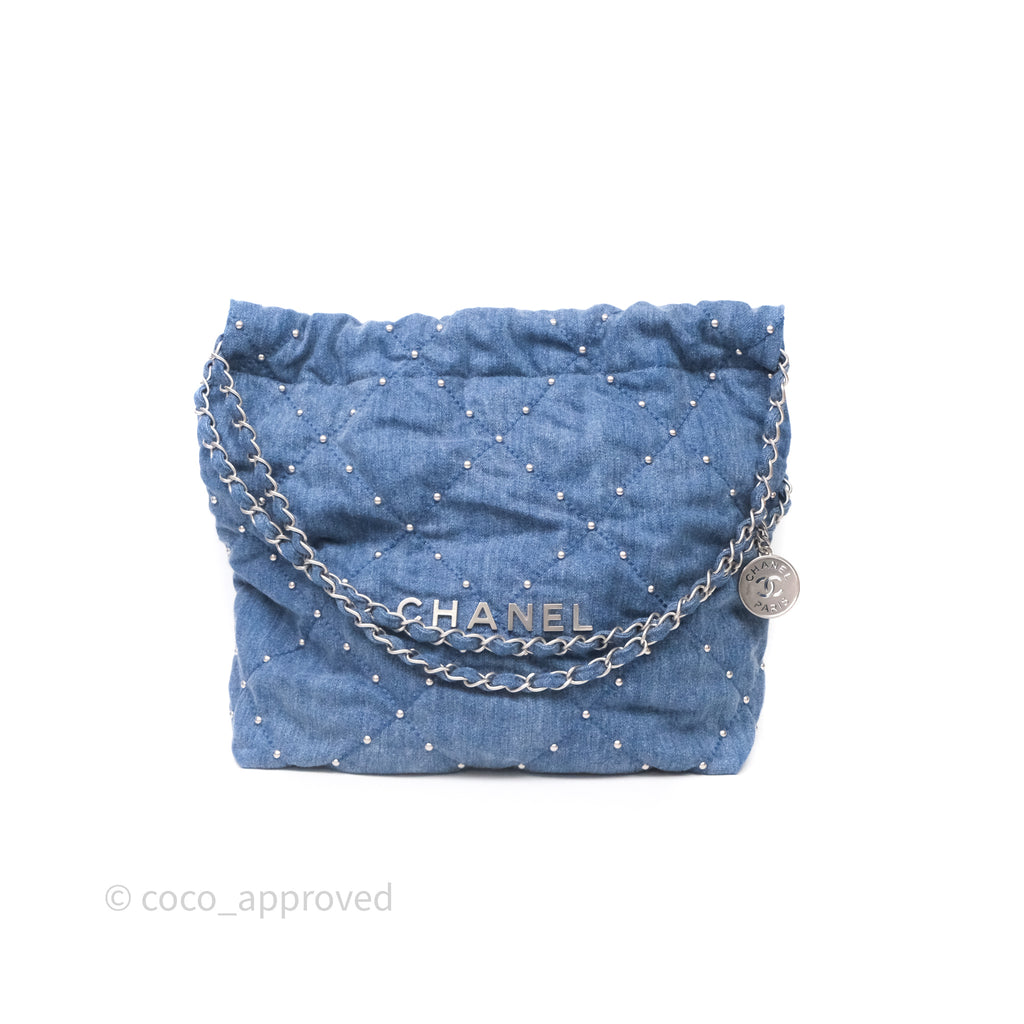 Chanel 22 Small Pearl Studded Denim Silver Hardware