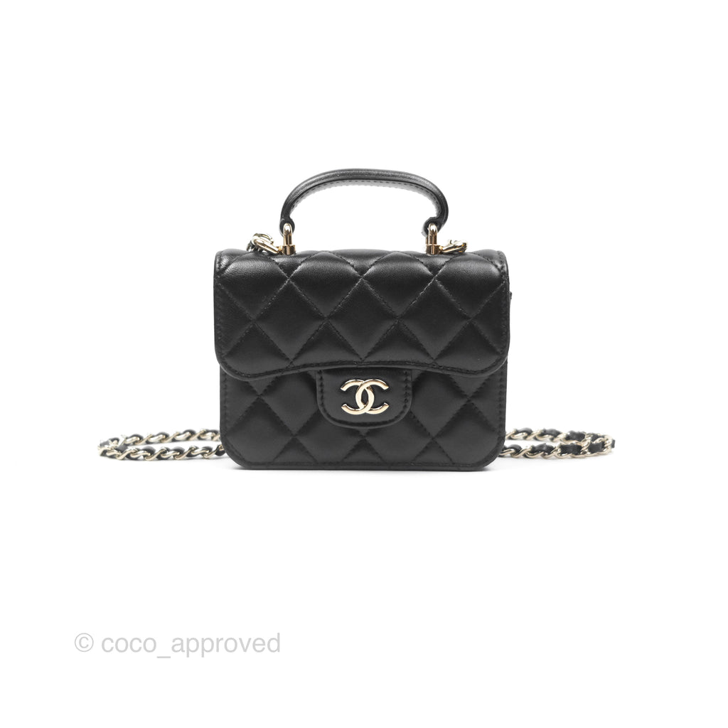 Chanel Mini Handle Flap Coin Purse With Chain Black Lambskin Gold Hardware