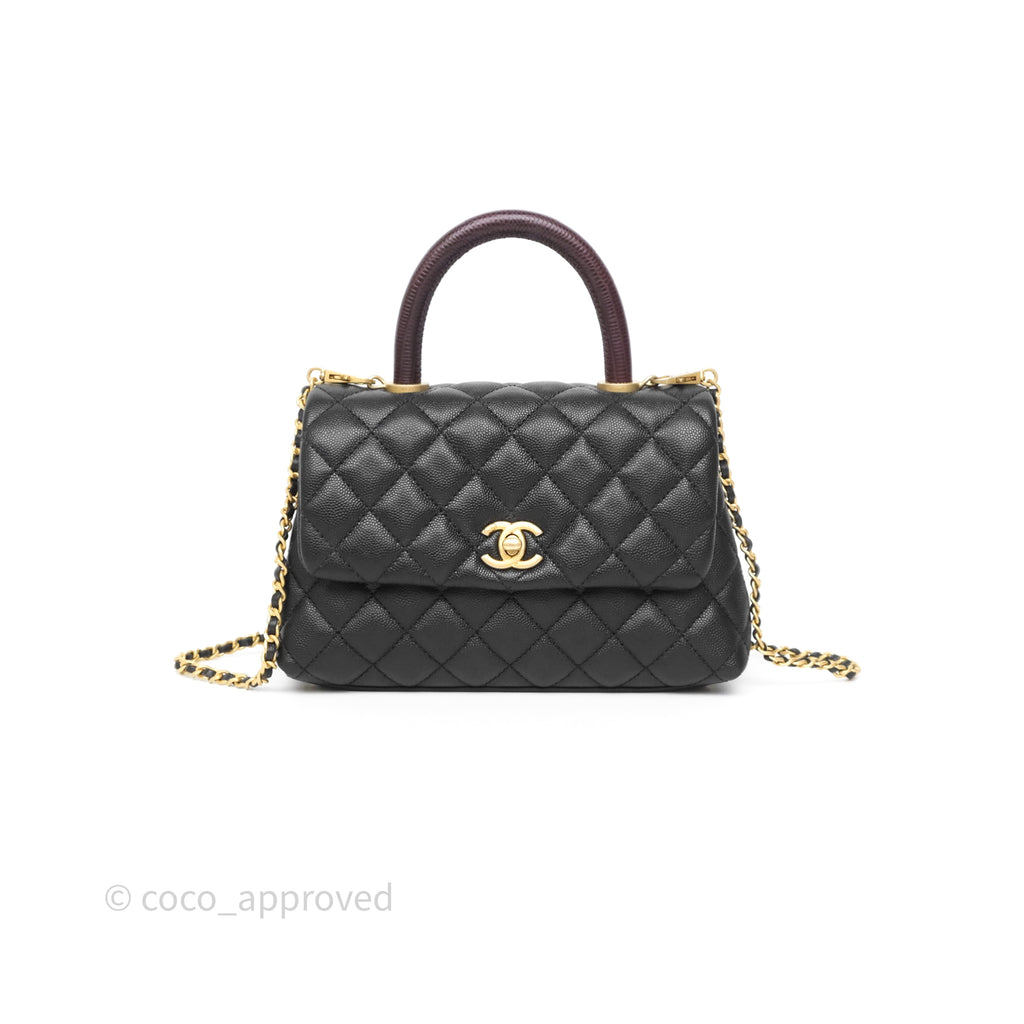 Chanel Small Coco Handle Quilted Black Caviar Aged Gold Hardware Lizard Handle