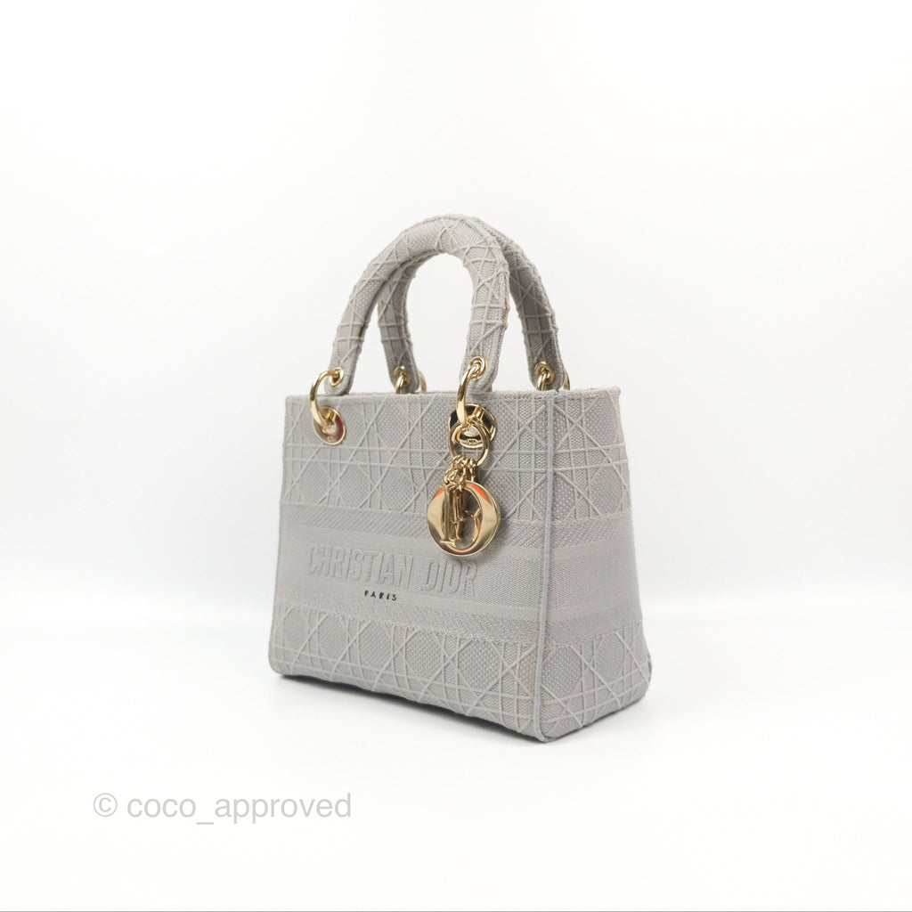 Christian Dior Medium Lady D-Lite Bag Gray Cannage Embroidery Gold Hardware