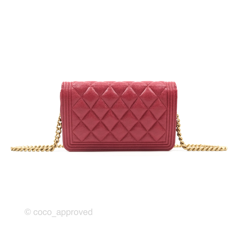 Chanel Quilted Boy Wallet on Chain WOC Red Caviar Aged Gold Hardware