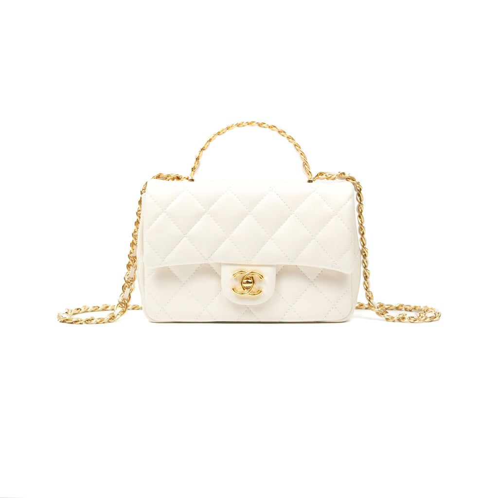 Chanel Top Handle Mini Flap Bag White Lambskin Gold Hardware 23S