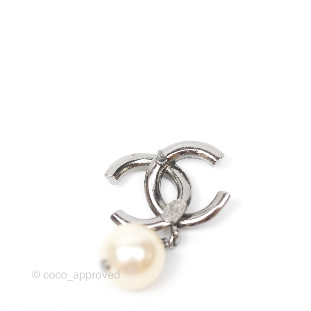 Chanel CC Pearl Drop Earrings Gun Metal 11A