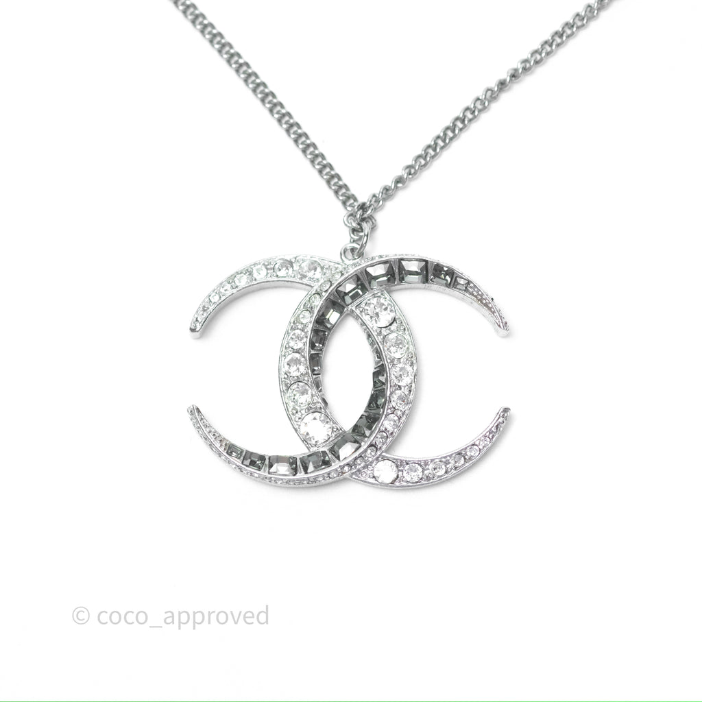 Chanel Crystal CC Long Necklace Silver Tone 15C