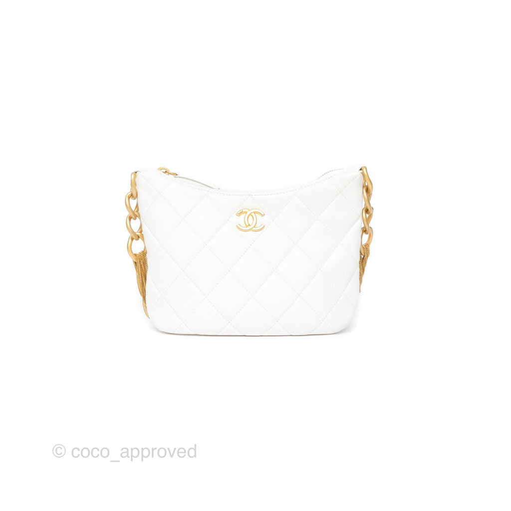 Chanel Chain Hobo Bag Quilted White Lambskin Aged Gold Hardware 23A