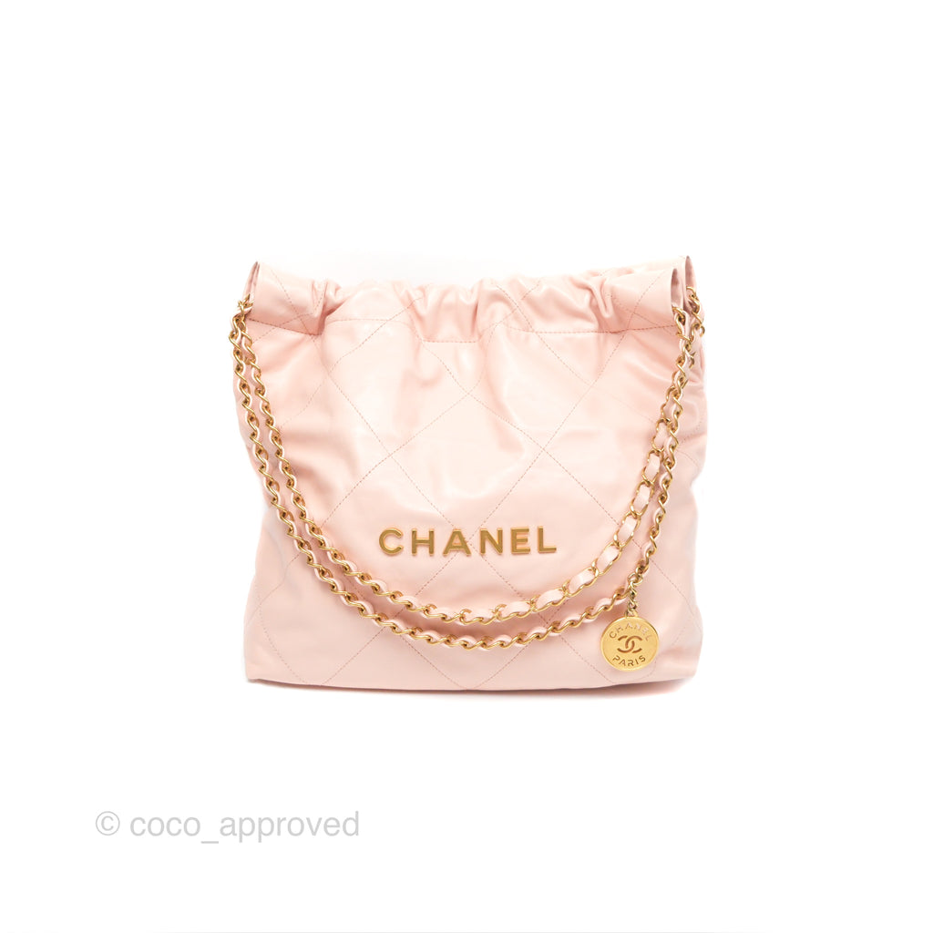 Chanel 22 Small Quilted Pink Shiny Crumpled Calfskin Aged Gold Hardware