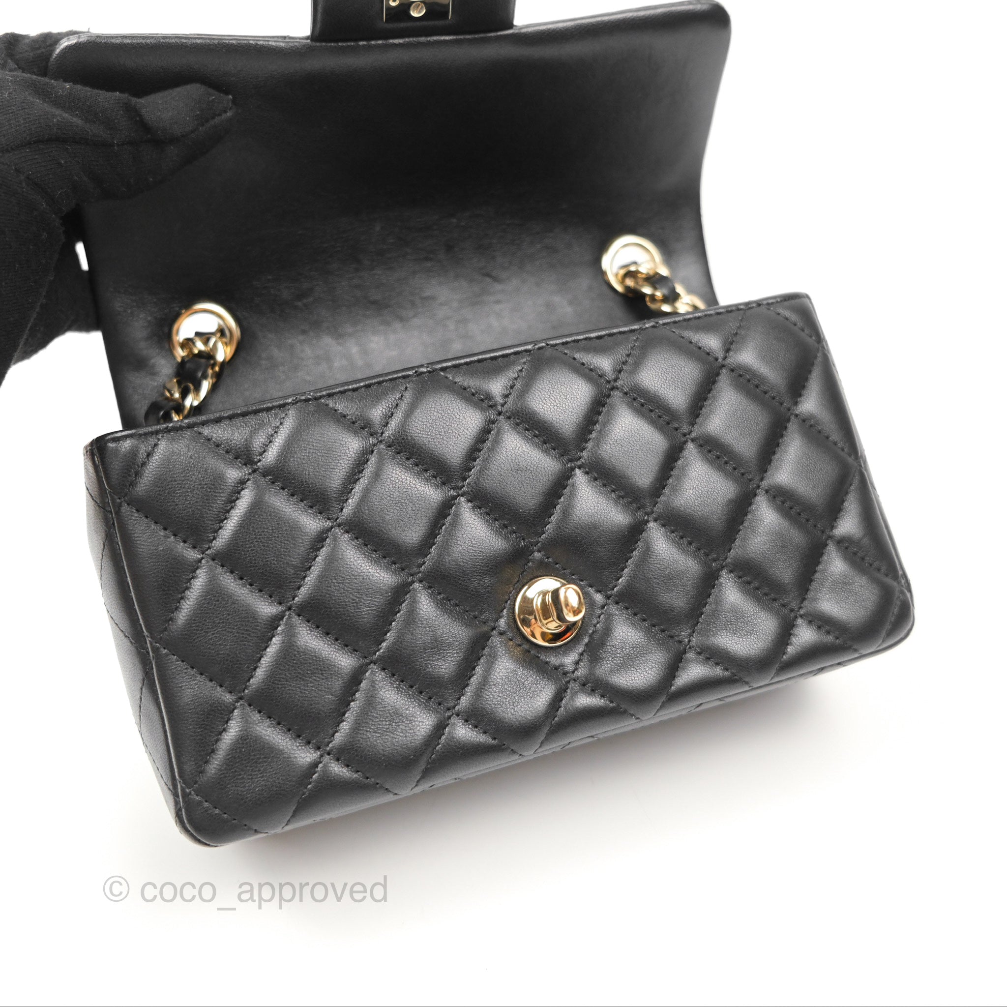 Chanel Quilted Mini Rectangular Flap With Charms Black Lambskin Gold H –  Coco Approved Studio