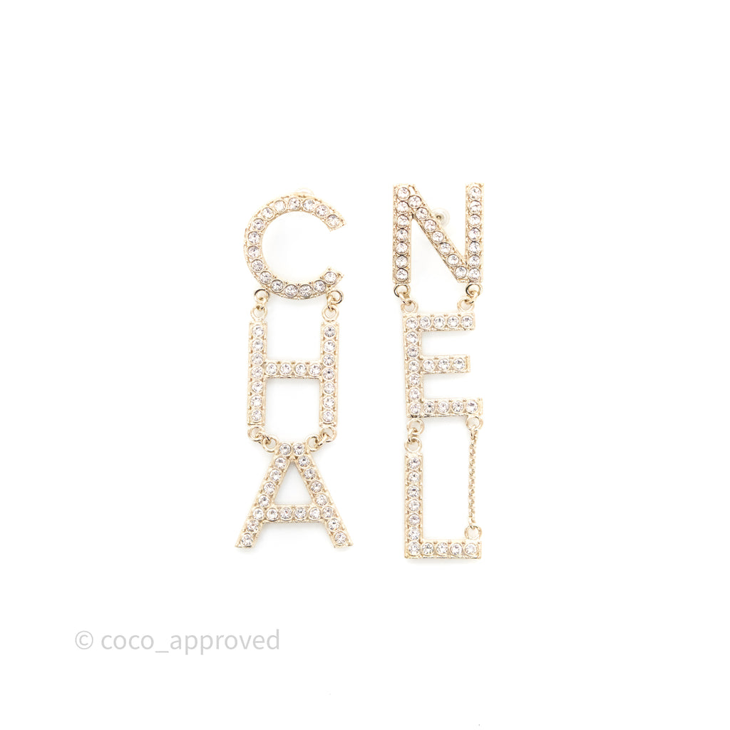 Chanel Crystal Cha-Nel Logo Drop Earrings Gold Tone 20V