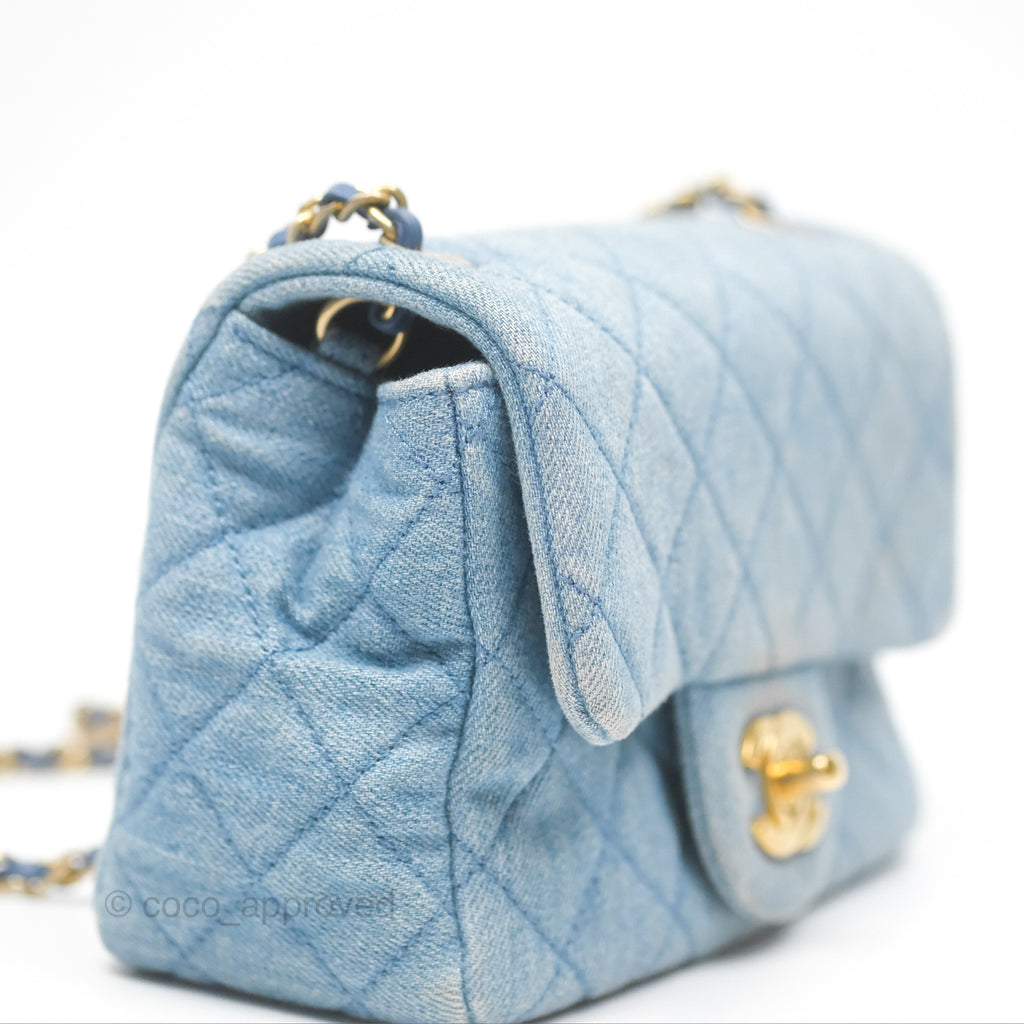 Chanel Mini Square Pearl Crush Quilted Denim Aged Gold Hardware