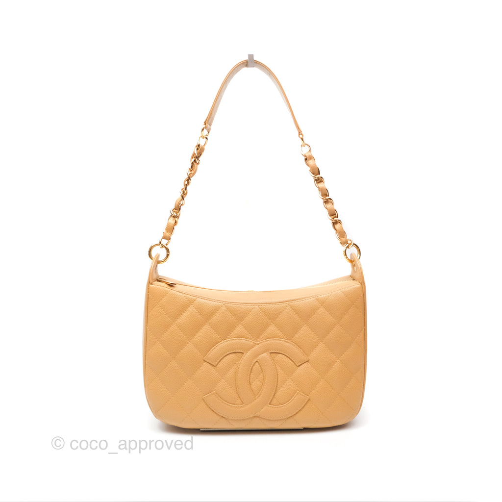 Chanel Vintage CC Quilted Hobo Shoulder Bag Beige Caviar Gold Hardware