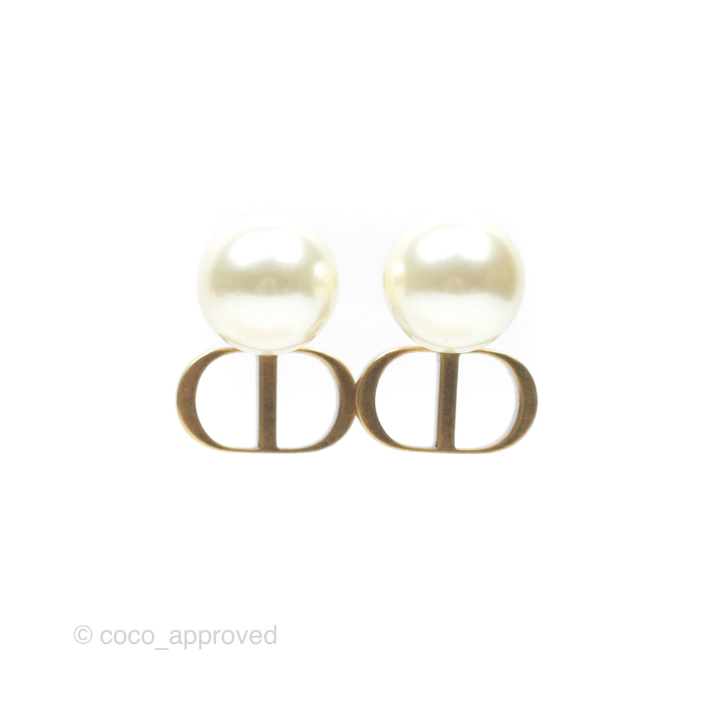 Christian Dior Tribales Pearl CD Earrings Gold Tone