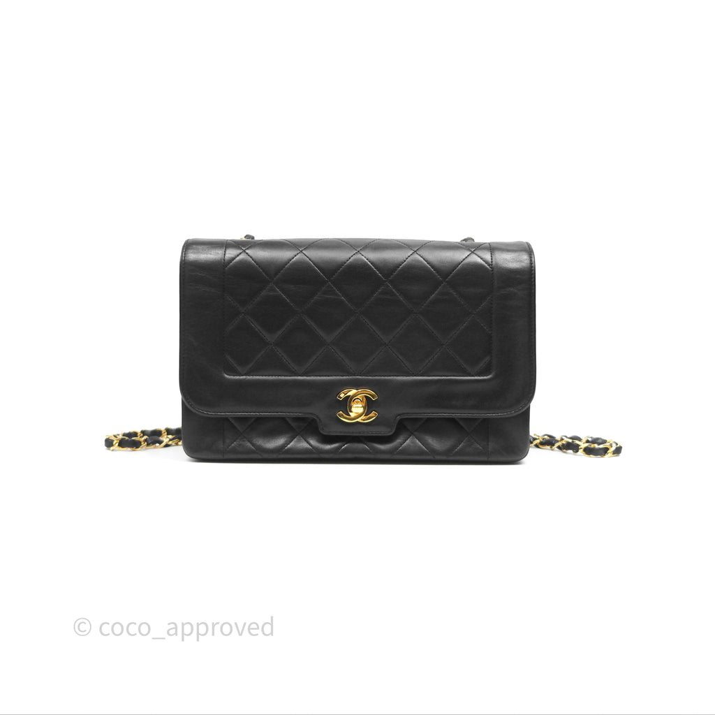 Chanel Vintage Medium Quilted Diana Flap Bag Black Lambskin 24K Gold Hardware