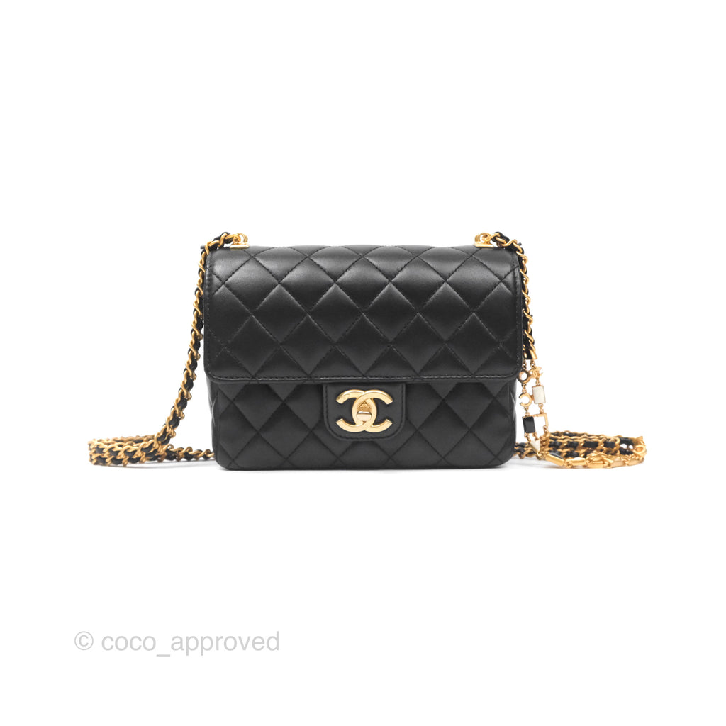 Chanel Flap Bag with Logo Enamel Chain Black Lambskin 22B