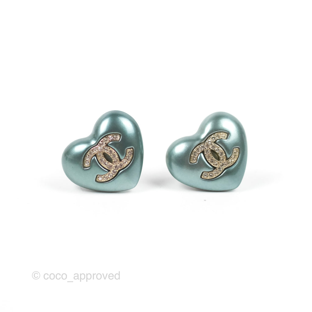 Chanel Metallic Blue Heart Crystal CC Earrings 21B