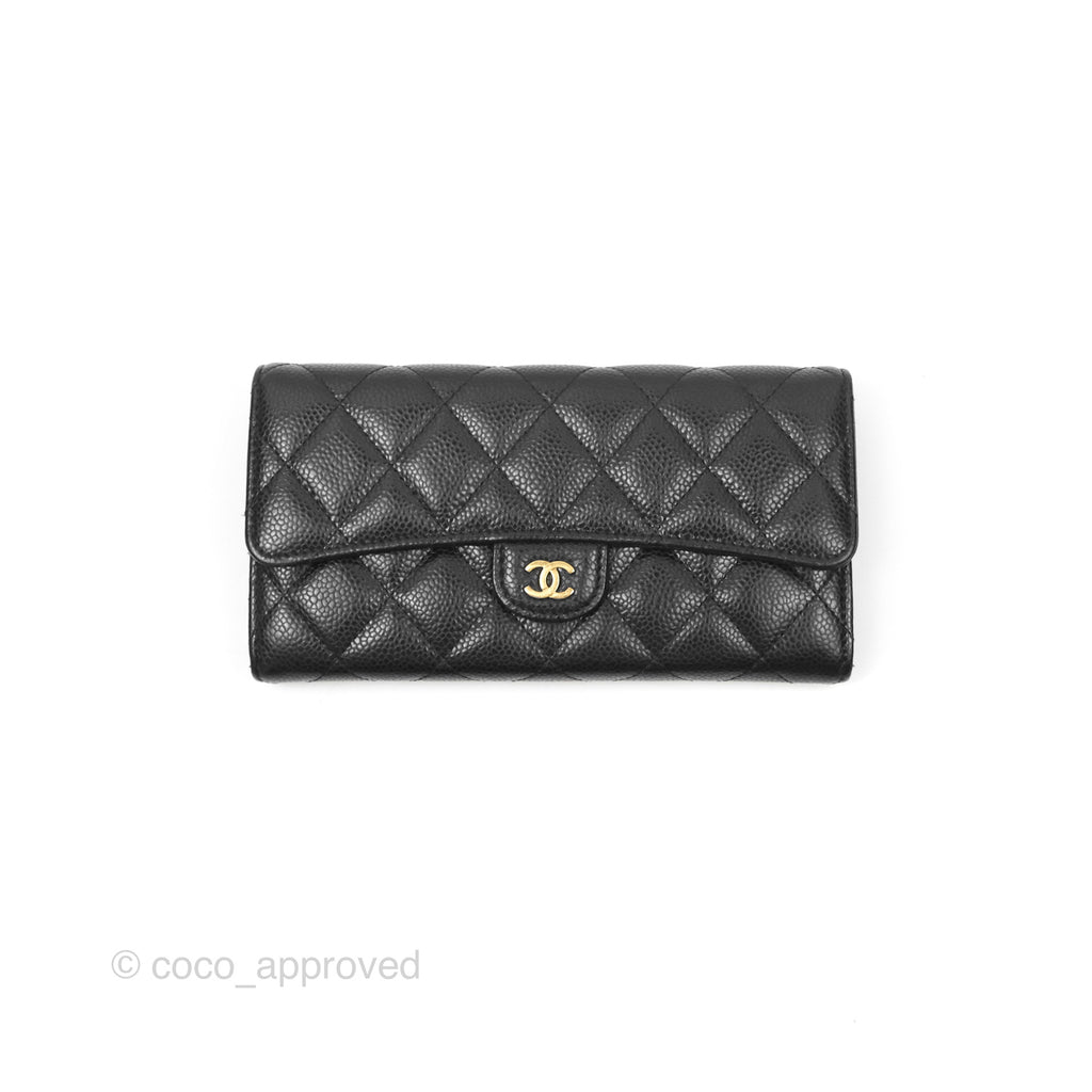 Chanel Classic Quilted Flap Long Wallet Black Caviar Gold Hardware