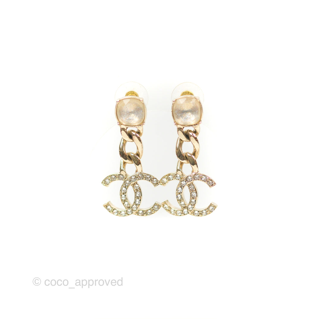 Chanel Chain CC Crystal Drop Earrings Gold Tone 23C