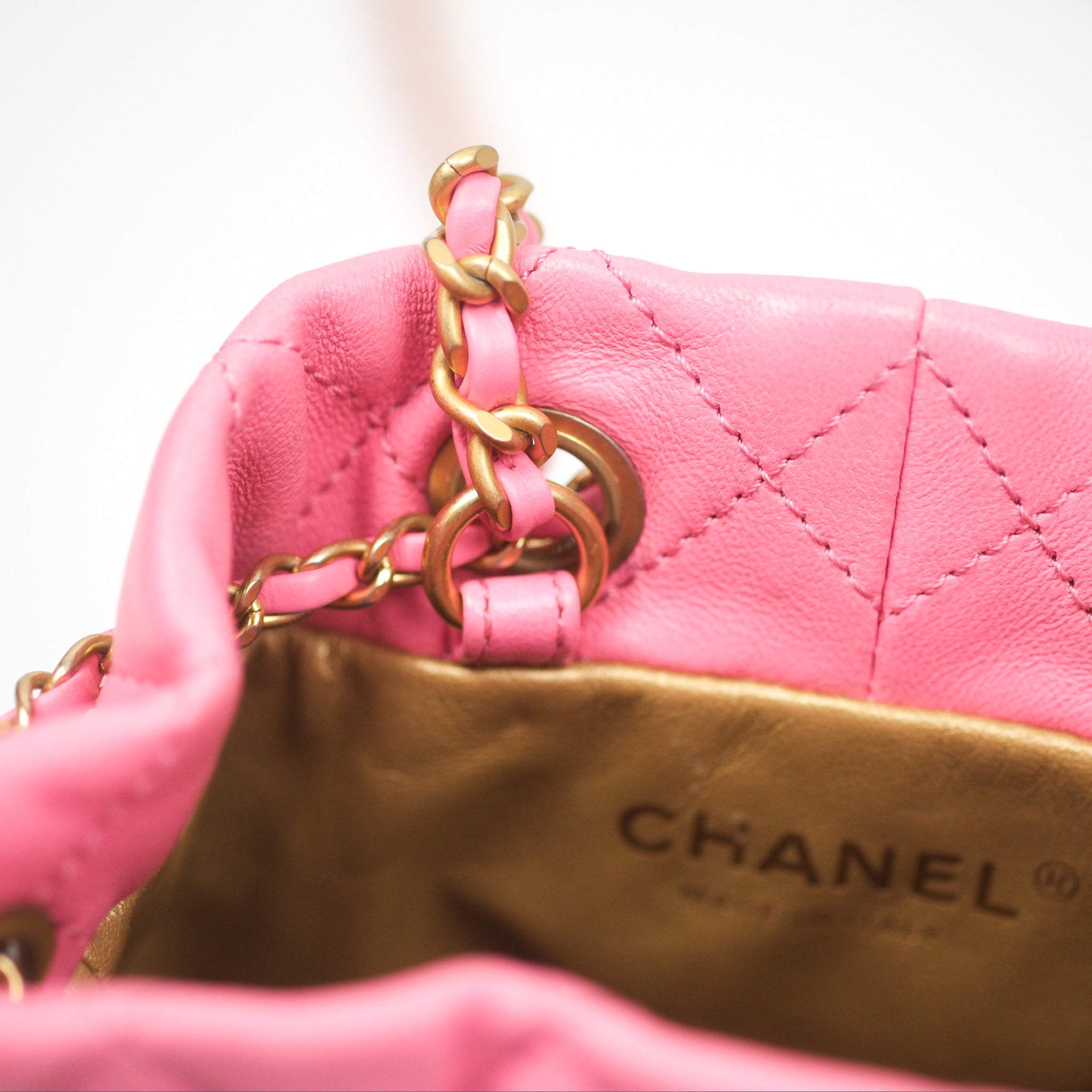 Chanel Pearl Crush Drawstring Bucket Bag Pink Lambskin Aged Gold