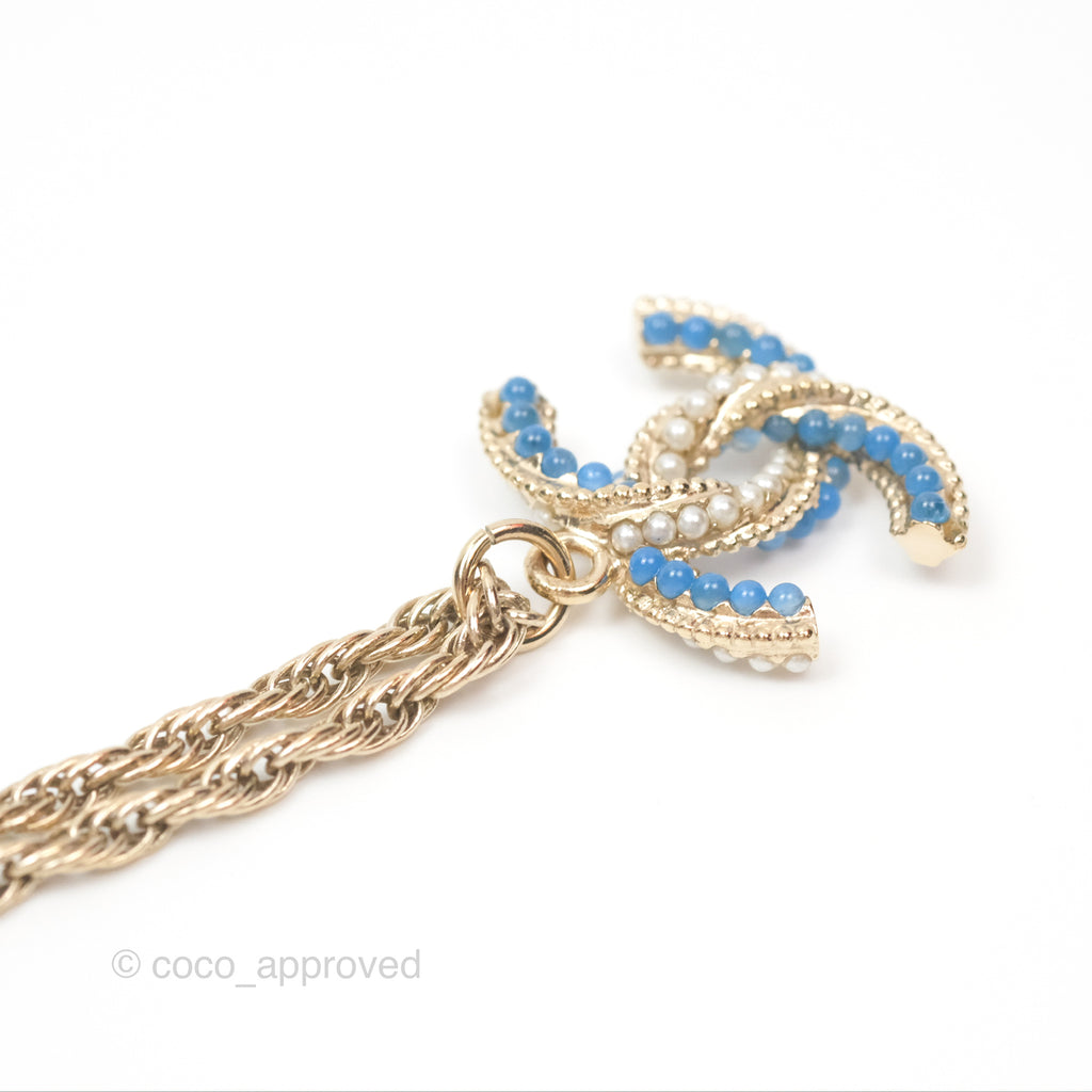 Chanel Pearl CC Necklace Blue Gold Tone 18P 